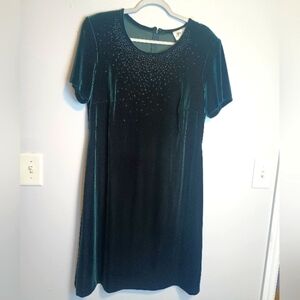 Vintage Jeffrey & Dara Velvet Shift Dress Womens 14 Emerald Green Beaded Holiday